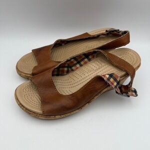 Crocs A Leigh Wedge‎ Sandals Brown Leather Cork Heel Adjustable Strap Size W8